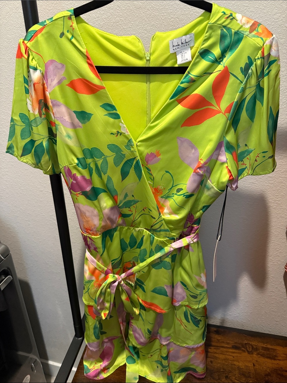 Floral Wrap Mini Dress in Lime Green